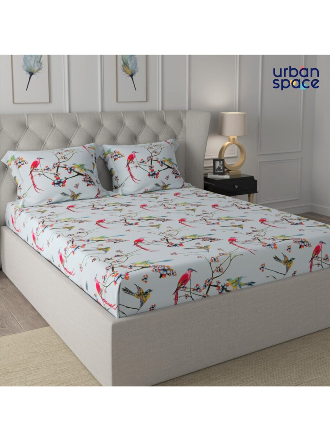 

URBAN SPACE Serene Turquoise & Pink Floral 200 TC Cotton Queen Bedsheet & 2 Pillow Covers, Turquoise blue
