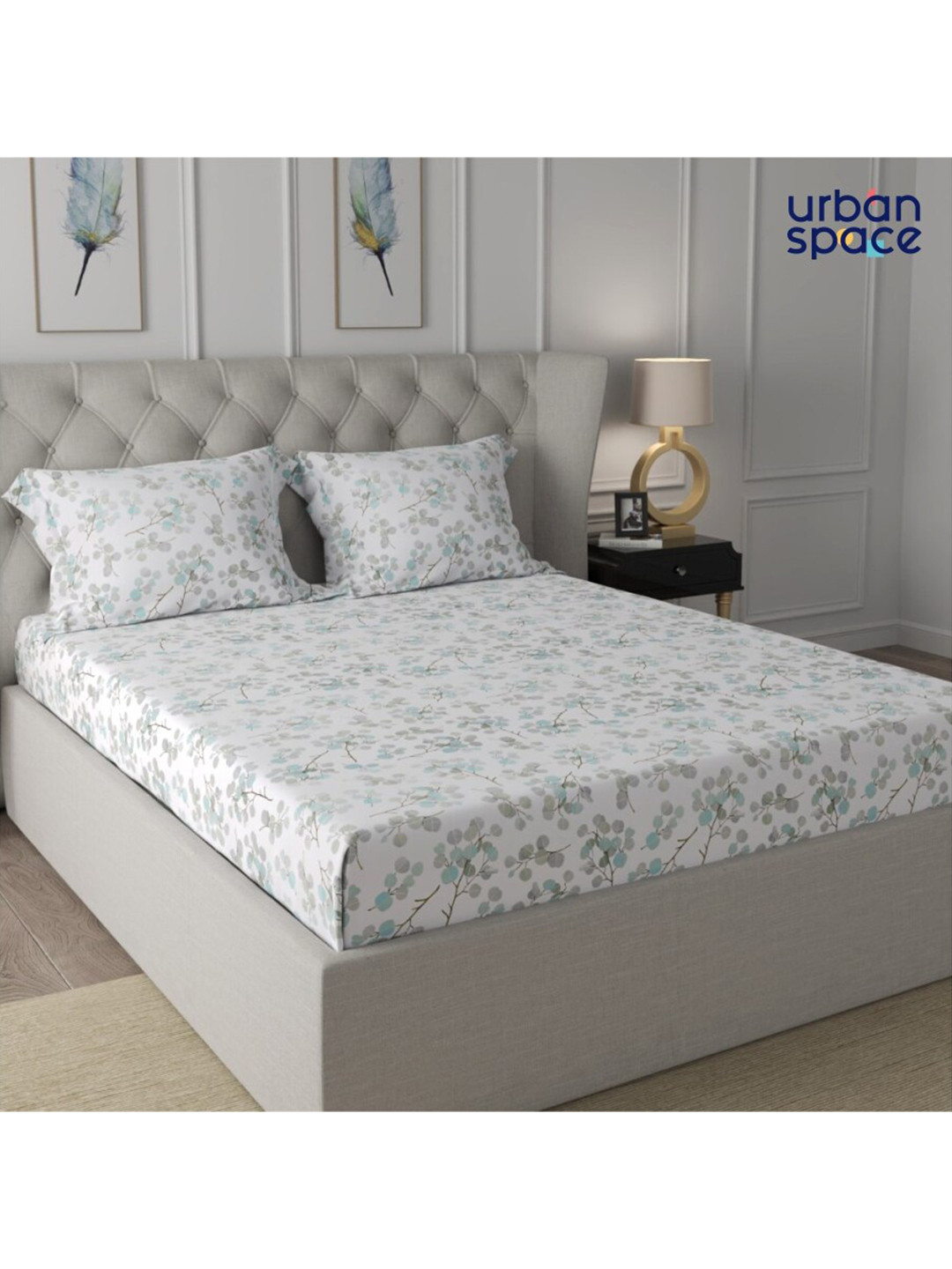 

URBAN SPACE Serene White & Green Floral 200 TC Fitted Cotton King Bedsheet & Pillow Covers