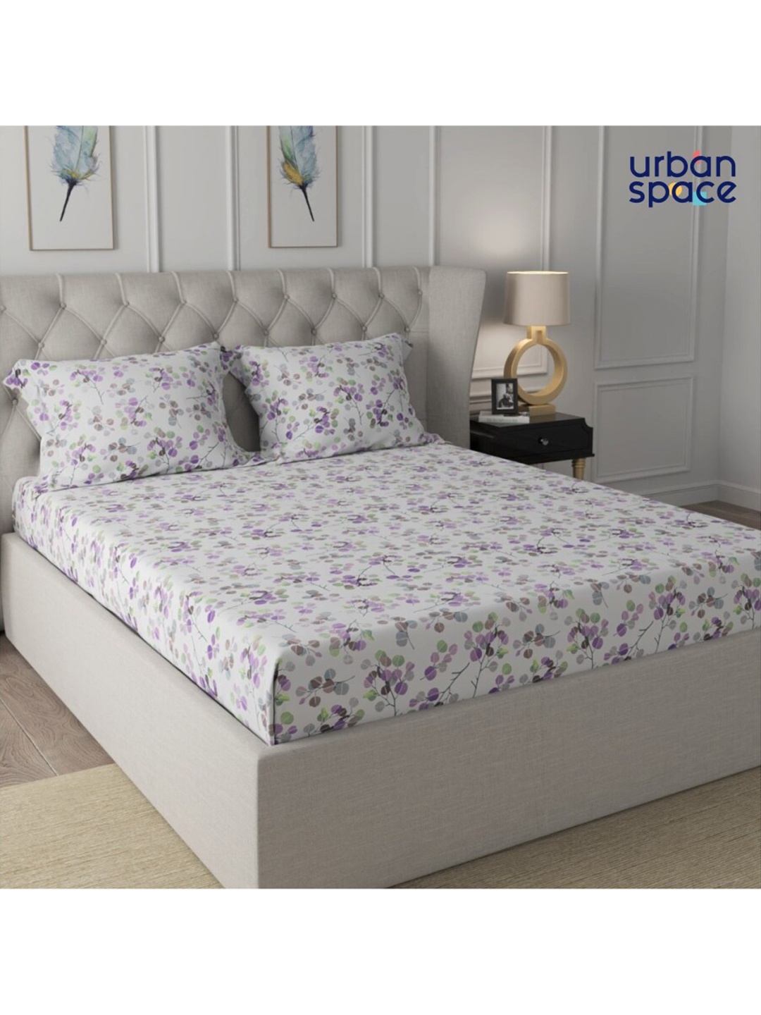 

URBAN SPACE Purple & Green Floral 200 TC Pure Cotton Queen Bedsheet with 2 Pillow Covers, Off white