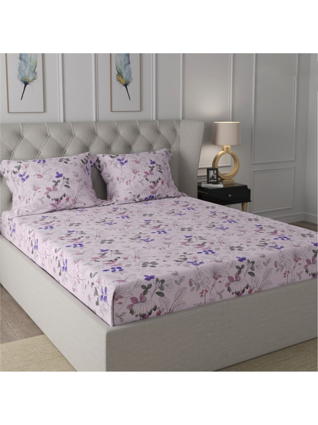 

URBAN SPACE Serene Pink & Grey Floral 200 TC Pure Cotton Queen Bedsheet & 2 Pillow Covers