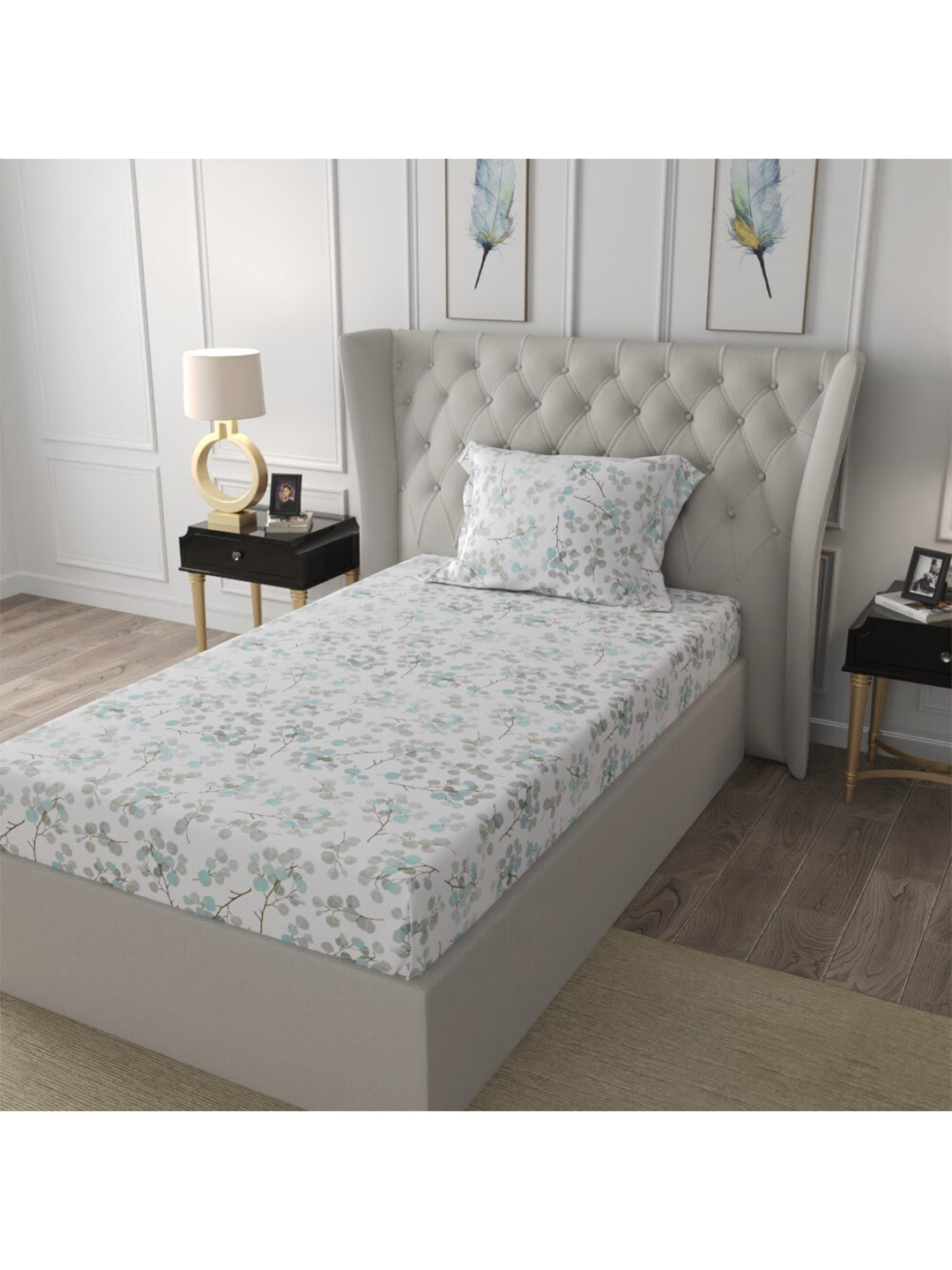 

URBAN SPACE White & Green Floral 200 TC Pure Cotton Single Bedsheet & Pillow Cover