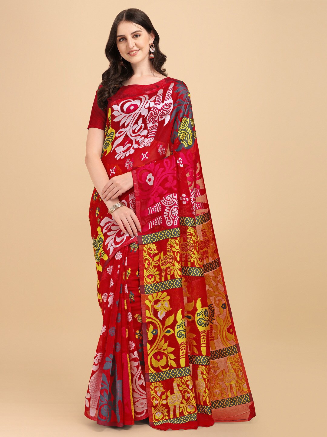 

Naishu Trendz Woven Design Pure Silk Kanjeevaram Saree, Red