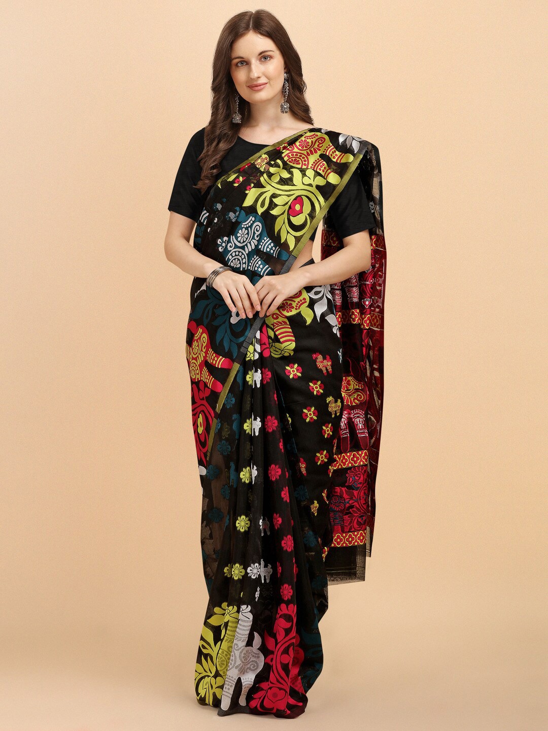 

Naishu Trendz Ethnic Motifs Woven Design Pure Silk Kanjeevaram Saree, Black