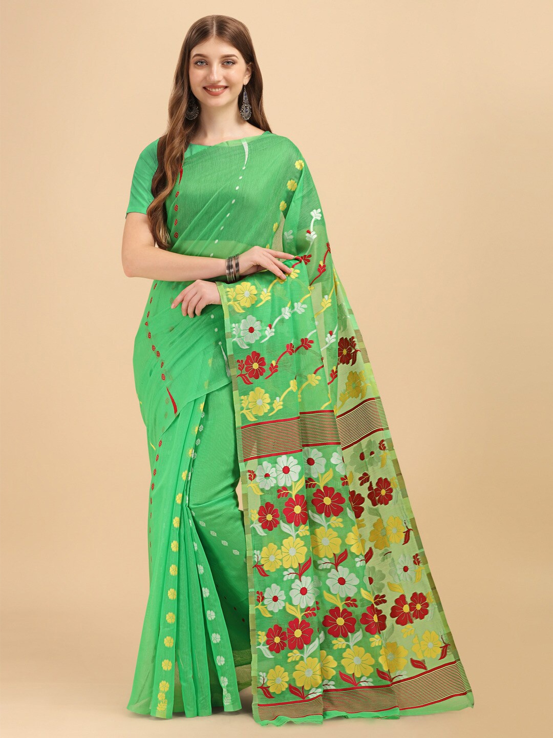

Naishu Trendz Floral Woven Design Pure Silk Kanjeevaram Saree, Green