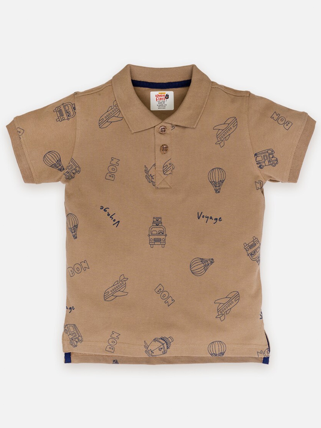 

AMUL Kandyfloss Conversational Printed Polo Collar Pure Cotton T-shirt, Camel brown