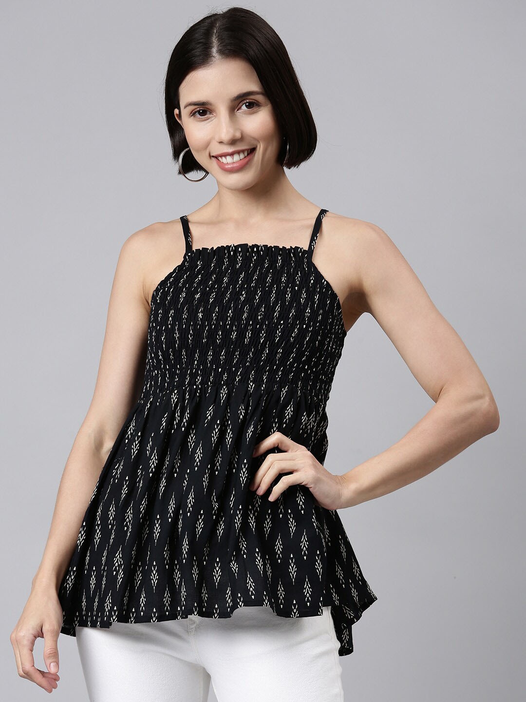 

HERE&NOW Self Design Sleeveless Smocked A-Line Cotton Top, Black