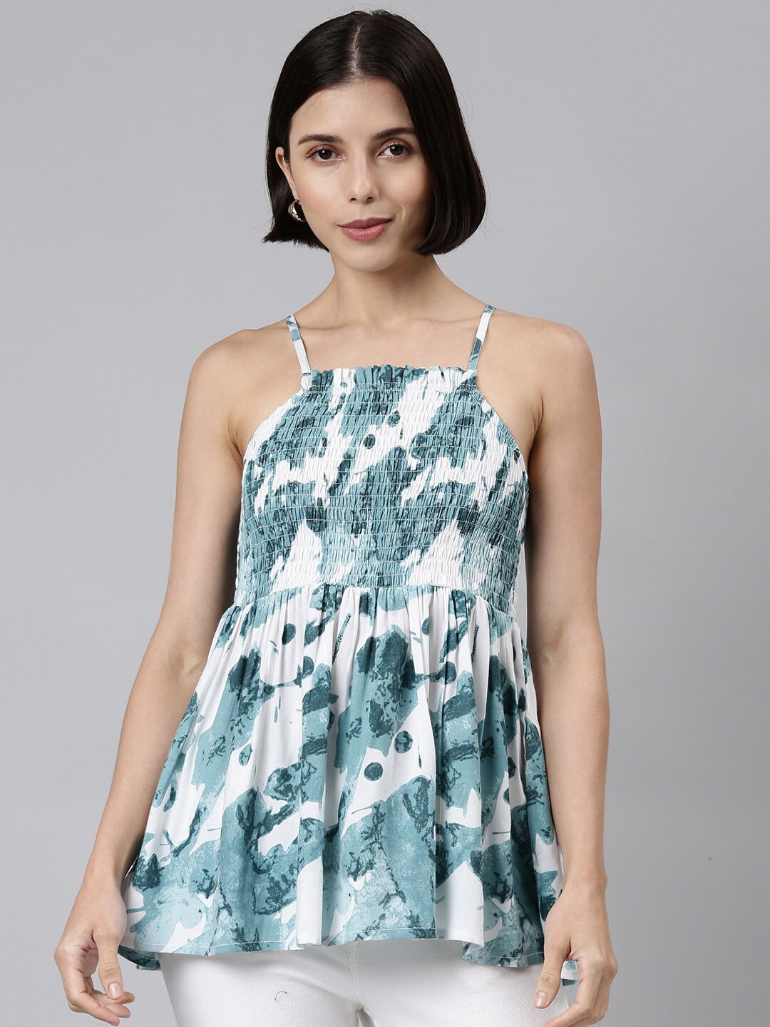 

HERE&NOW Printed Sleeveless Smocked Gathered A-Line Top, White