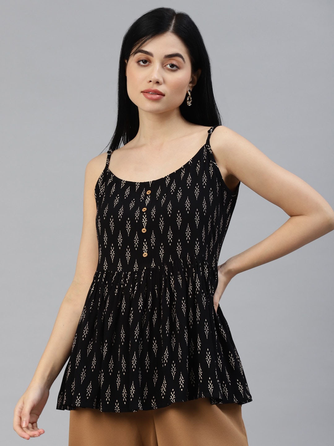 

HERE&NOW Self Design Sleeveless Pleated A-Line Top, Black