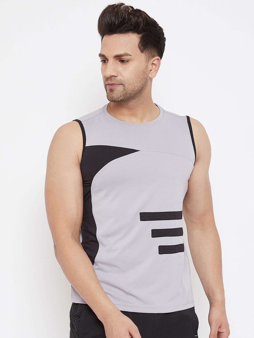 

JUMP USA Striped Round Neck Sleeveless Yoga T-shirt, Grey