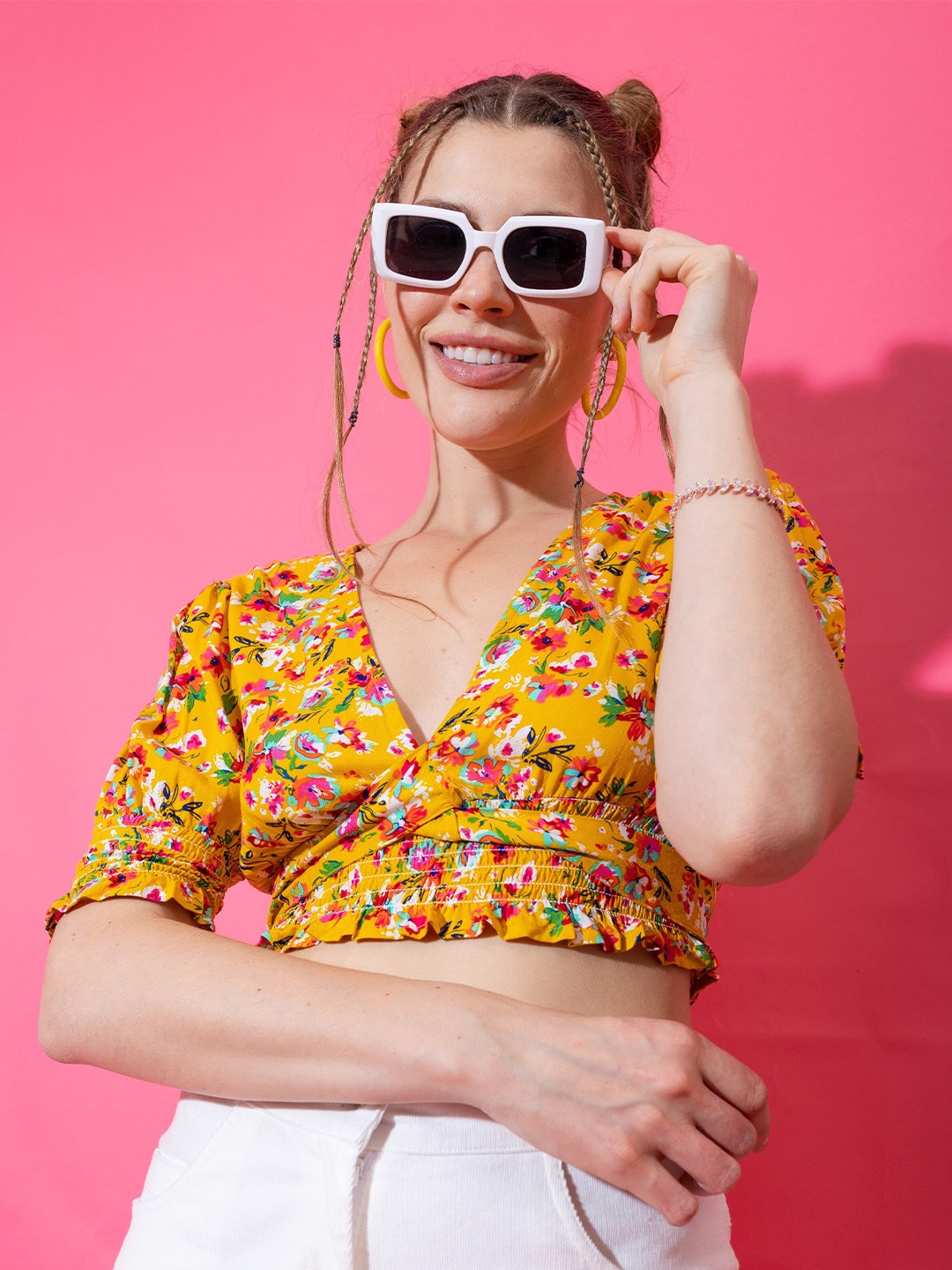 

Stylecast X Hersheinbox Floral Printed Smocked Crop Top, Yellow