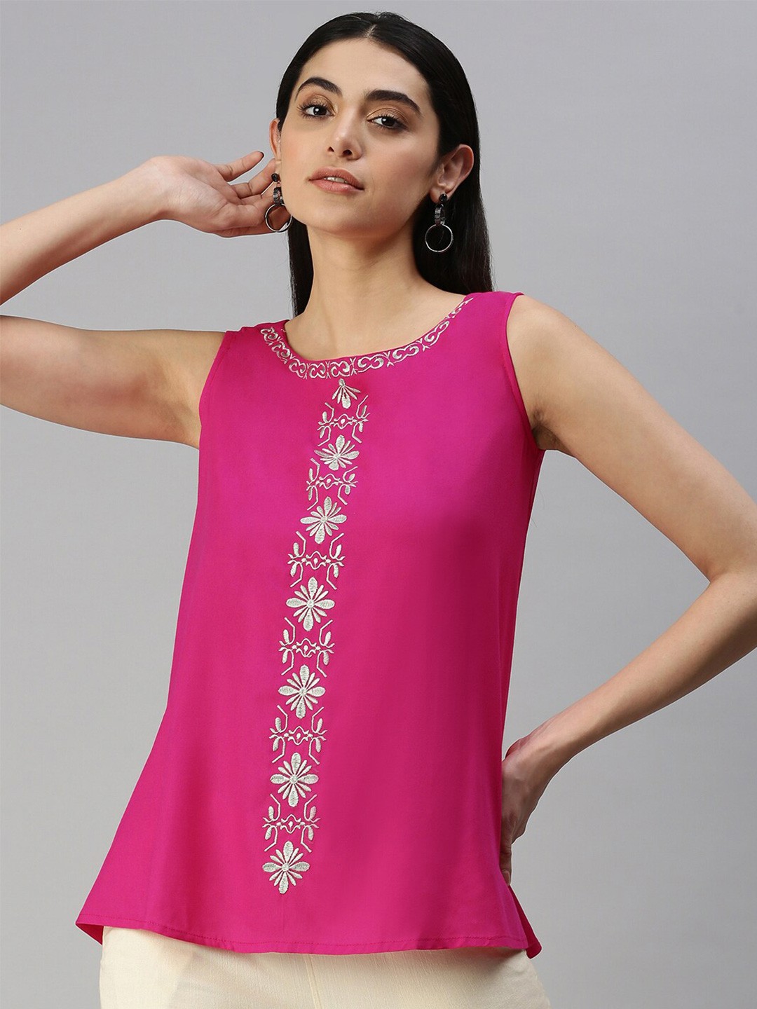 

HERE&NOW Floral Embroidered A-line Kurti, Pink
