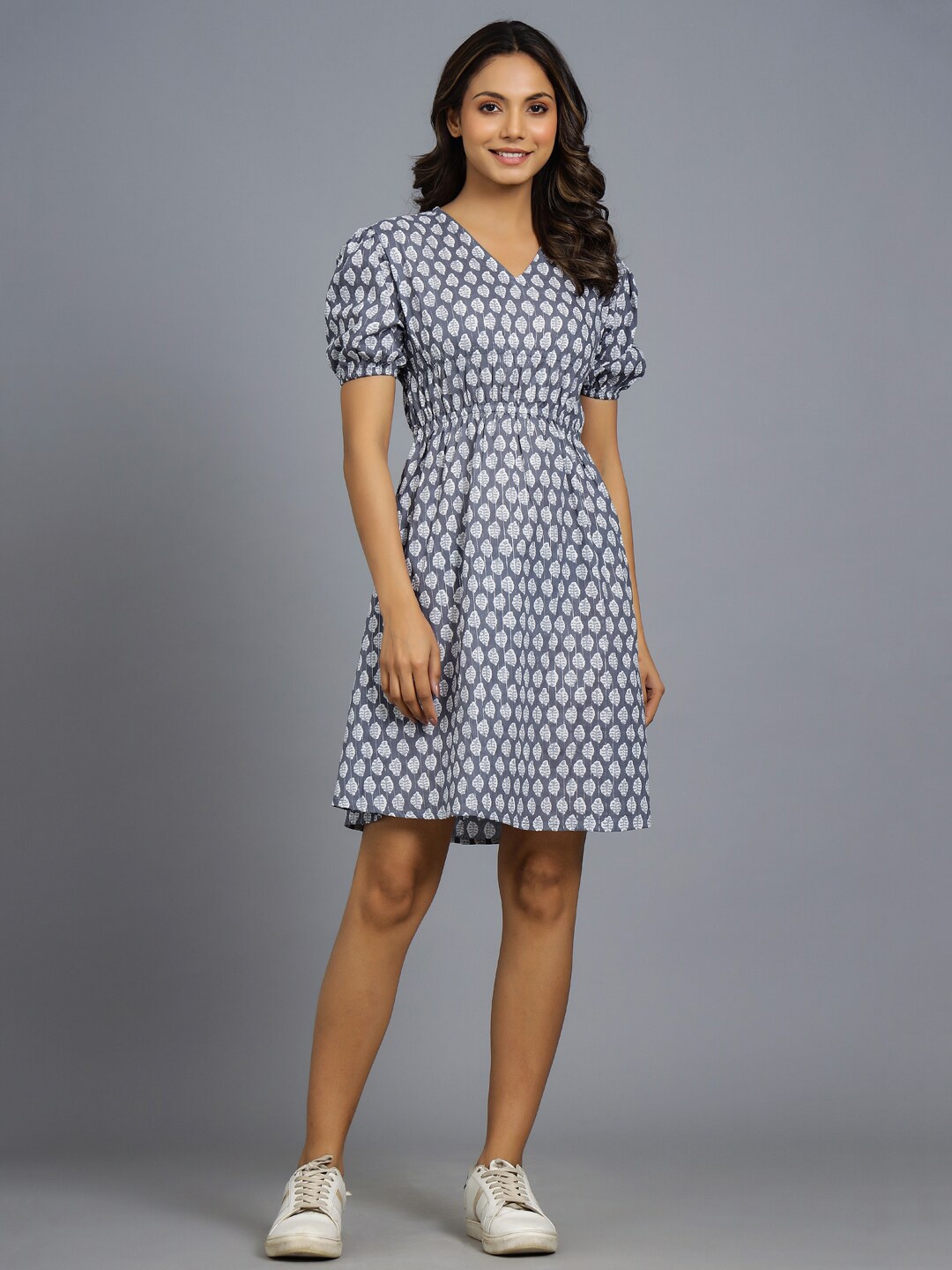 

HANDICRAFT PALACE Floral Printed Pure Cotton A-Line Dress, Grey