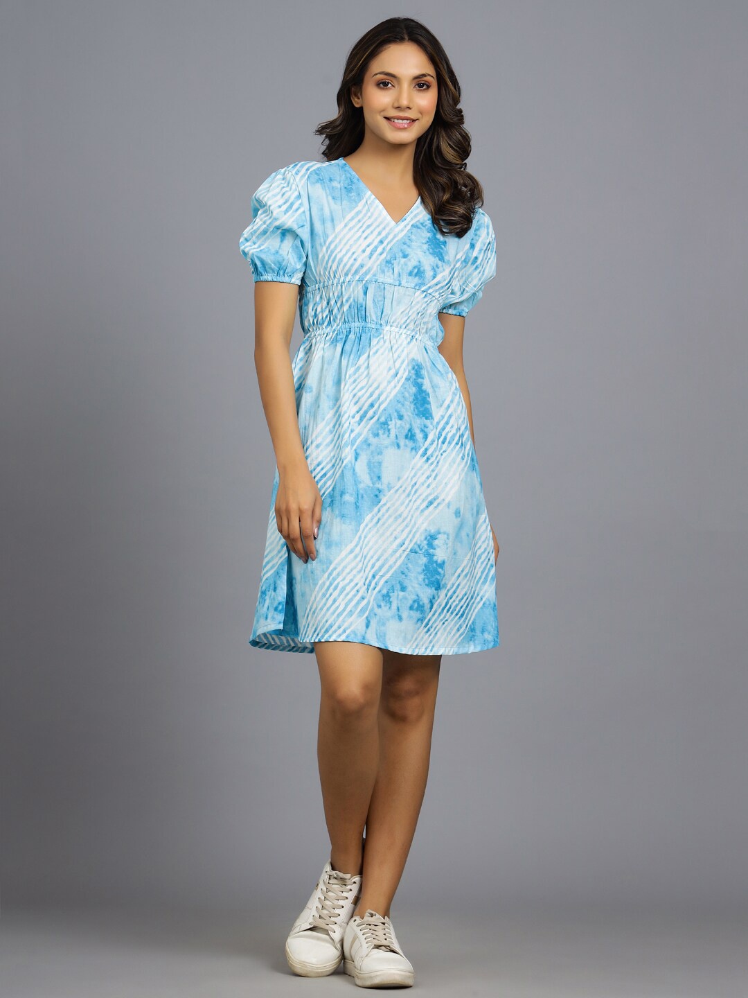 

HANDICRAFT PALACE Tie and Dye Printed V-Neck Puff Sleeves Pure Cotton A-Line Dress, Turquoise blue