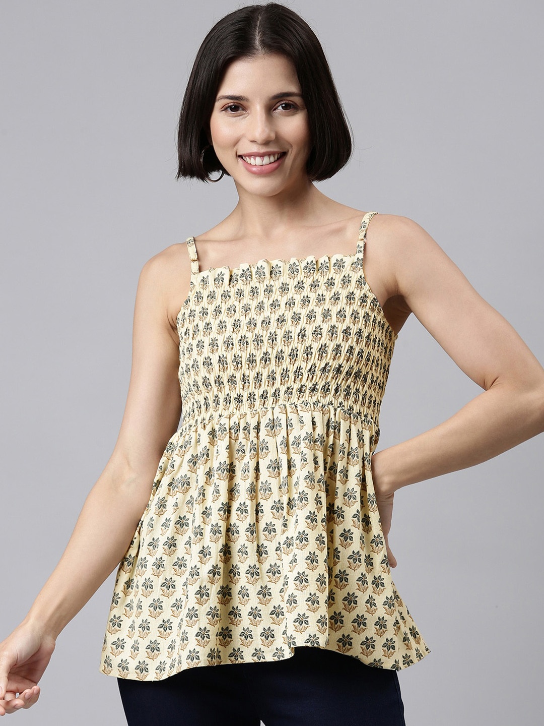 

HERE&NOW Floral Printed Shoulder Straps Smocked Cotton Peplum Top, Mustard