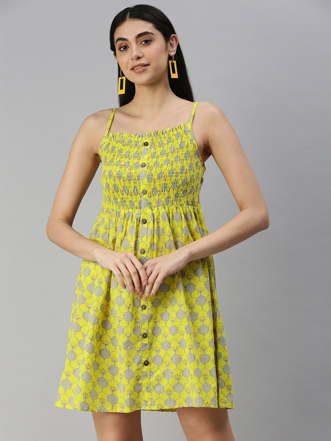 

HERE&NOW Geometric Printed Pure Cotton Dress, Yellow