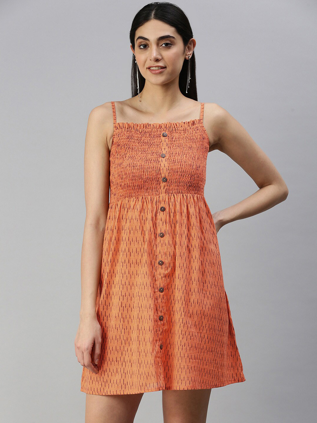 

HERE&NOW Printed Shoulder Straps Cotton Dress, Orange