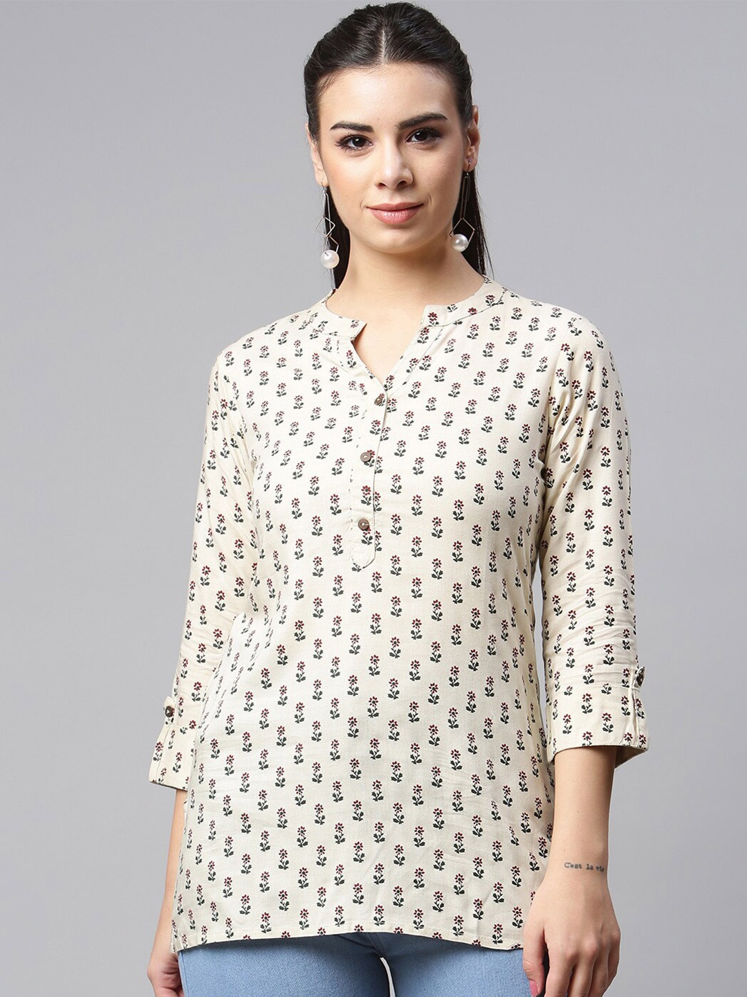 

MALHAAR Floral Printed Mandarin Collar Top, Cream