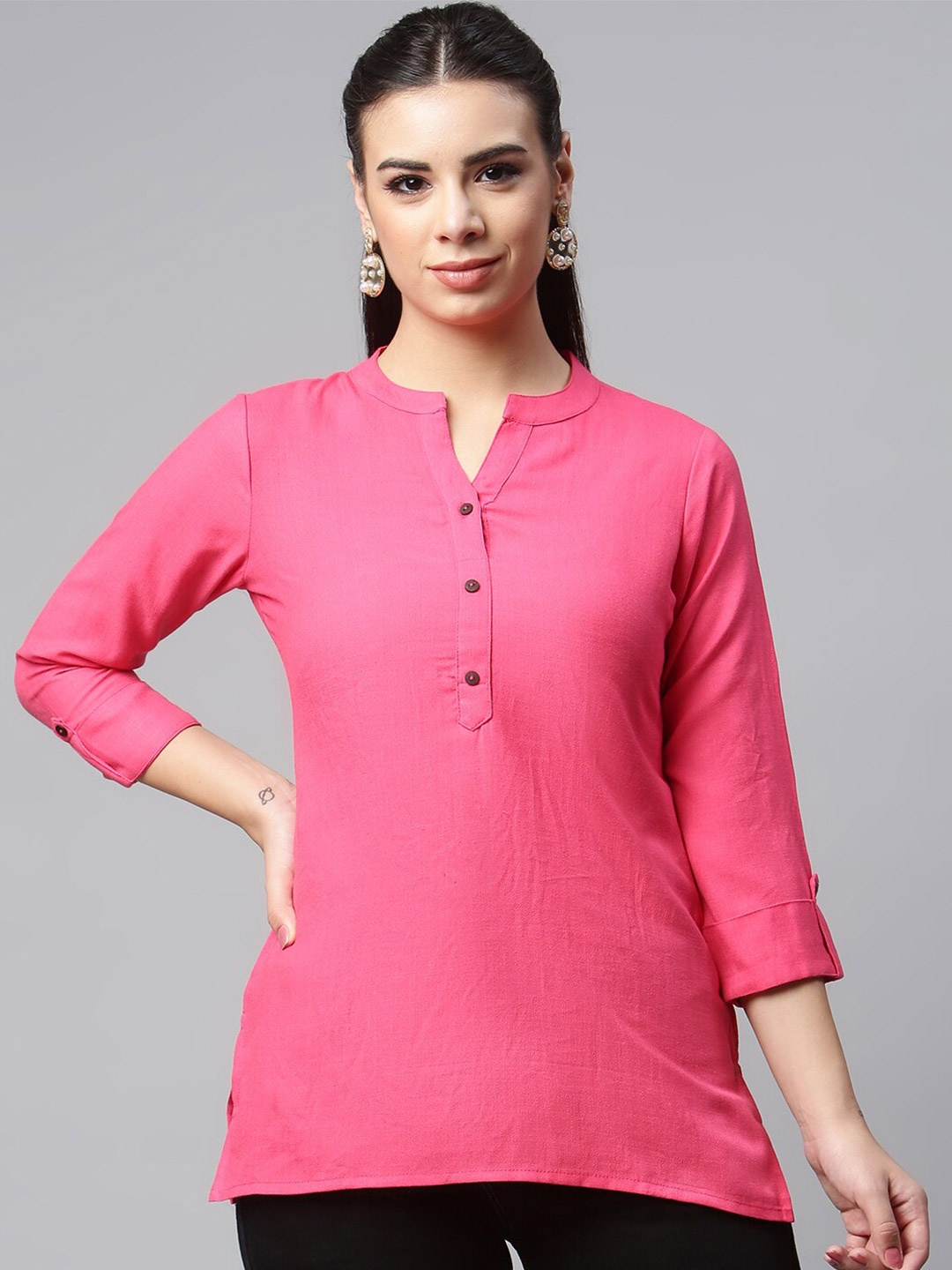 

MALHAAR Mandarin Collar Roll-Up Sleeves Cotton Shirt Style Top, Pink