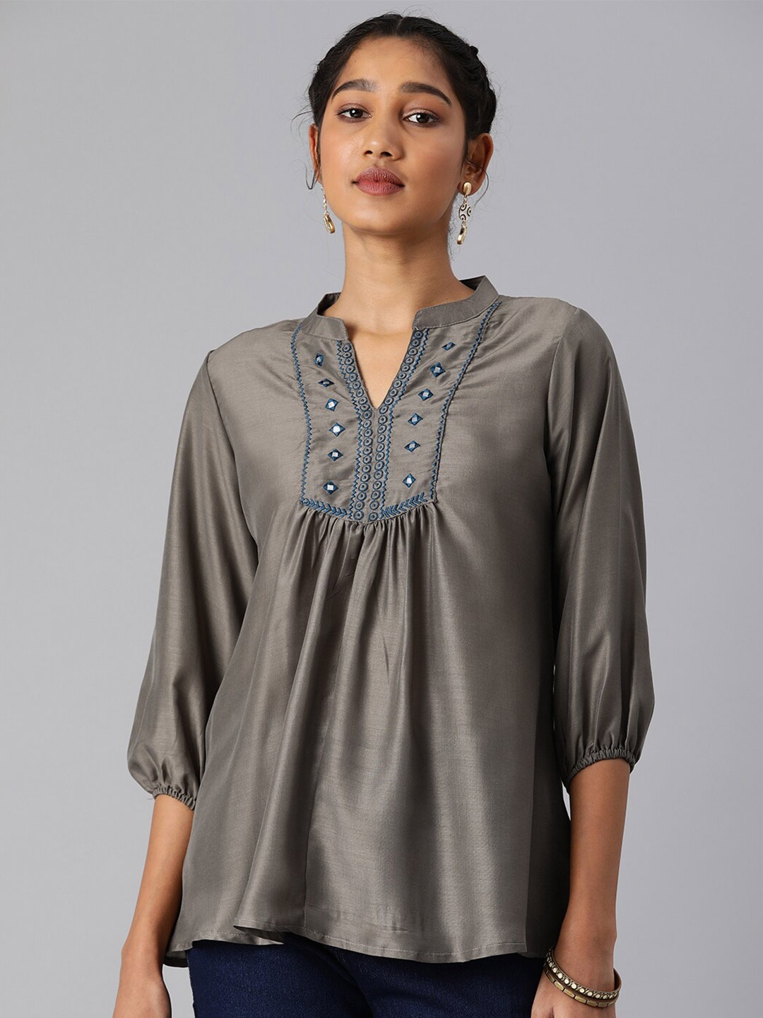 

MALHAAR Mandarin Collar Puff Sleeves A-Line Top, Grey