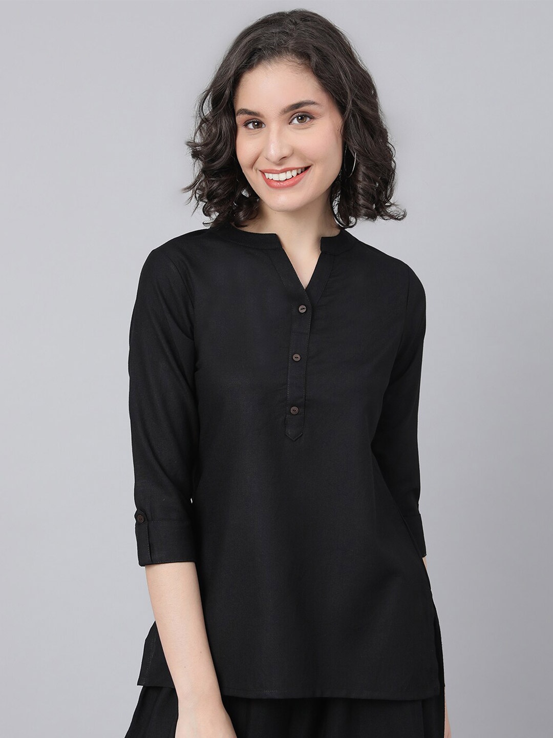 

MALHAAR Mandarin Collar Pure Cotton Top, Black