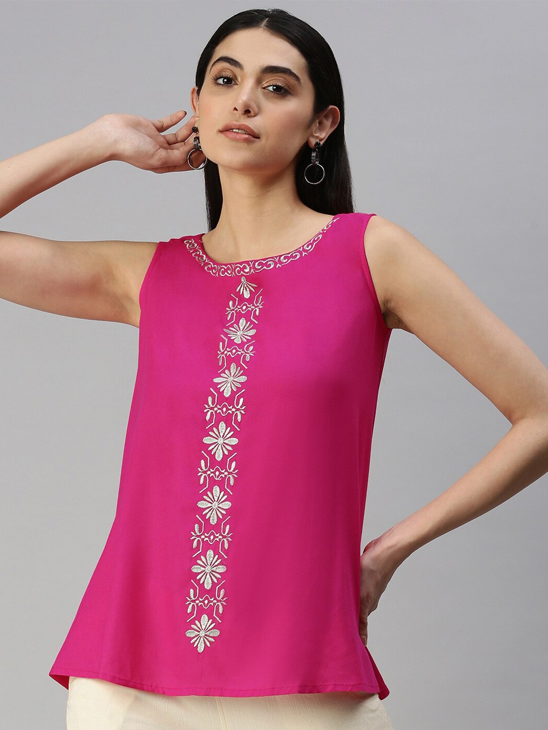 

MALHAAR Embroidered Round Neck Sleeveless A-Line Top, Pink