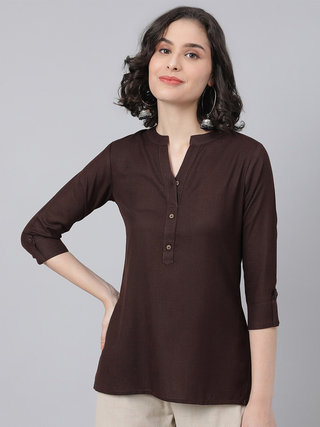 

MALHAAR Mandarin Collar Pure Cotton Roll Up sleeves A-Line Top, Coffee brown