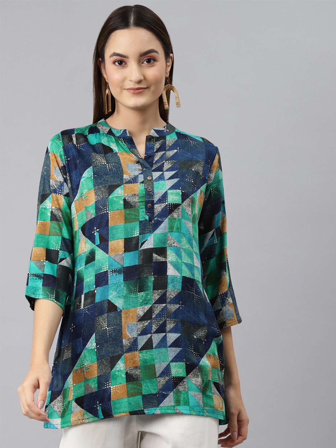 

MALHAAR Abstract Printed Mandarin Collar Top, Navy blue