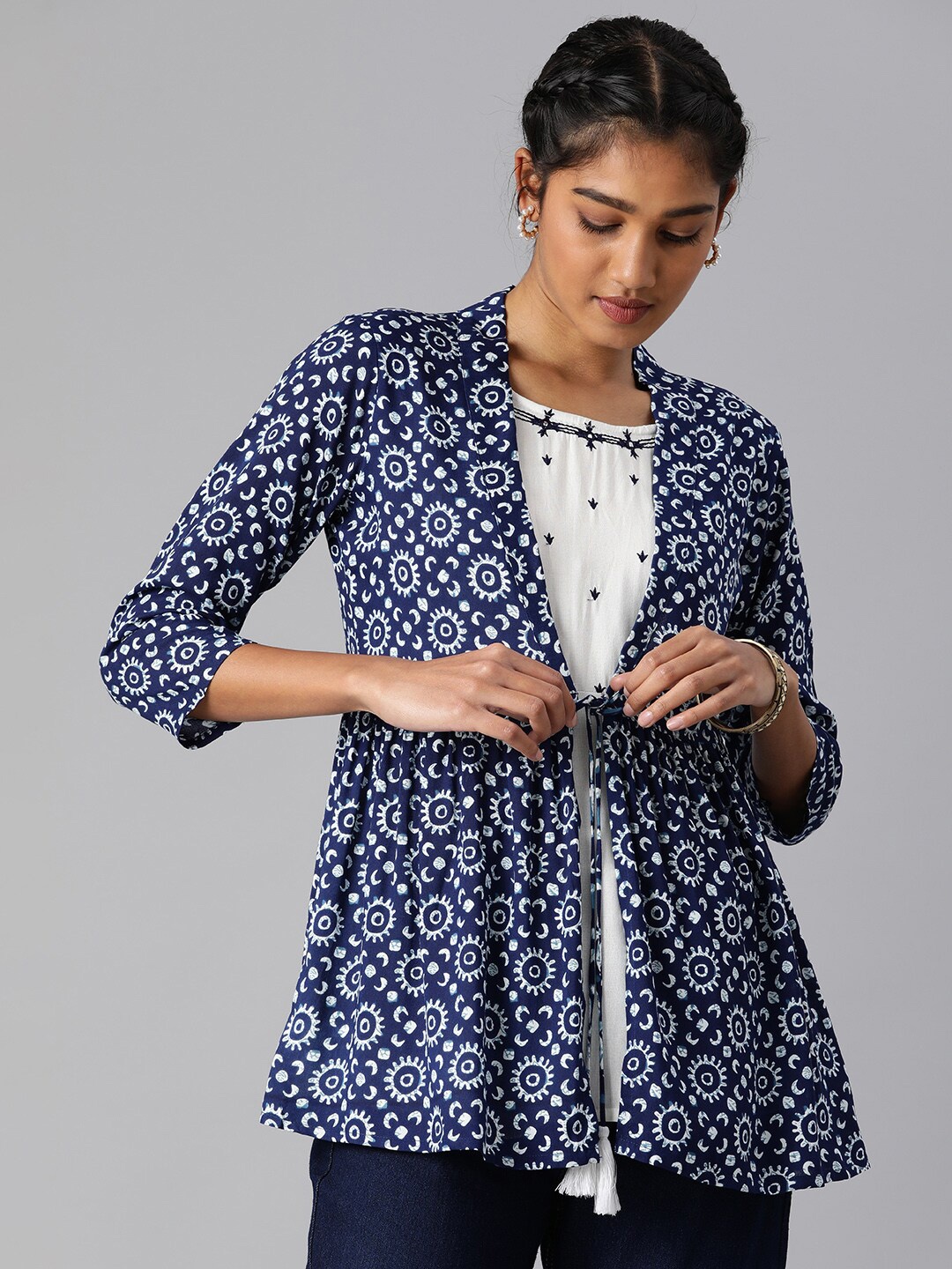 

MALHAAR Ethnic Motifs Printed Round Neck Layered A-Line Top, Navy blue