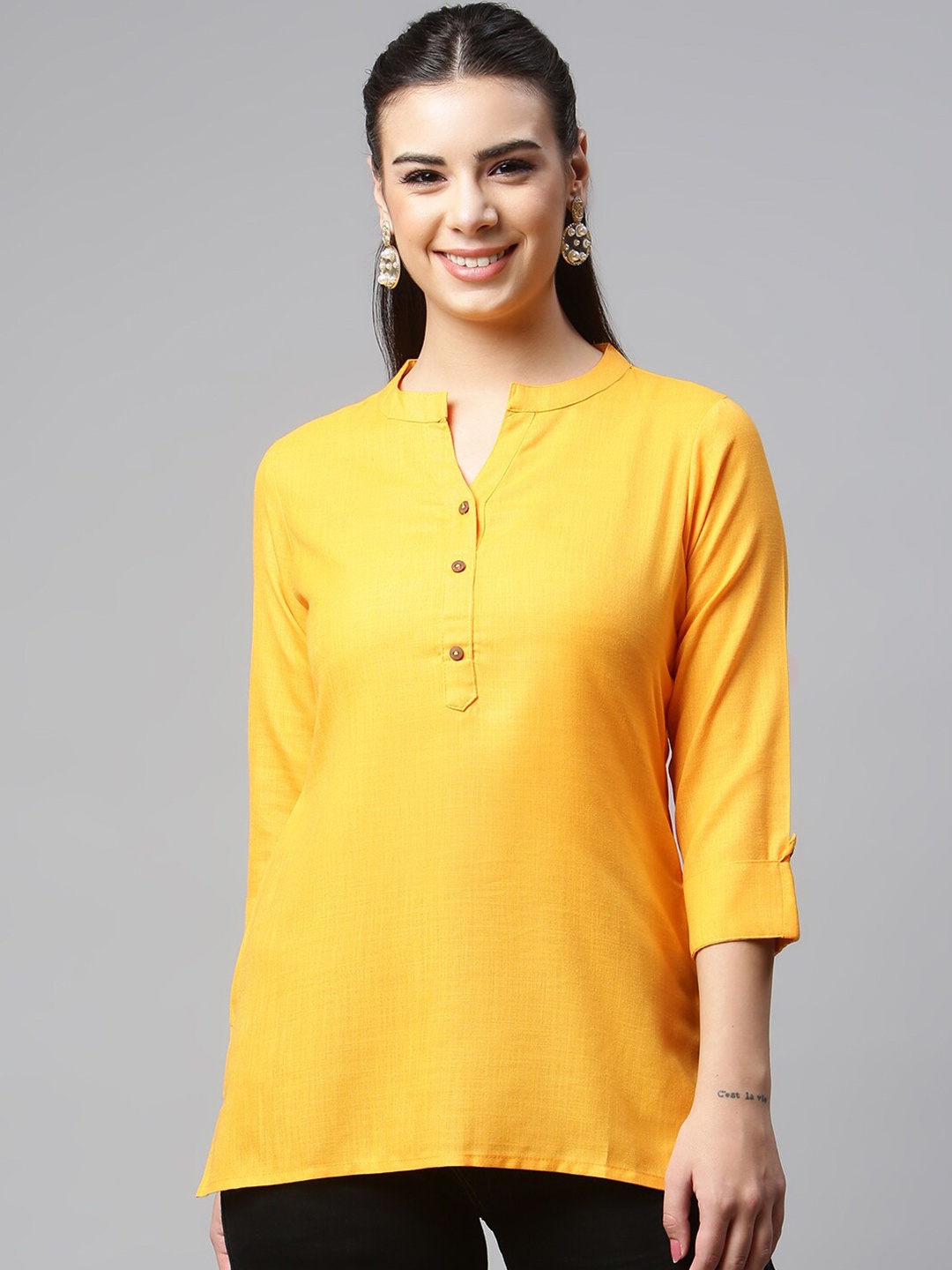

MALHAAR Mandarin Collar Pure Cotton Roll Up sleeves A-Line Top, Yellow