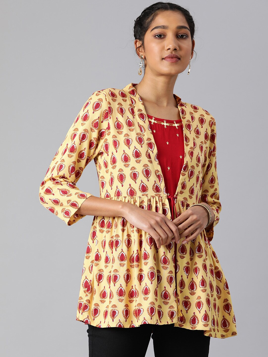 

MALHAAR Ethnic Motifs Printed Round Neck Layered A-Line Top, Mustard