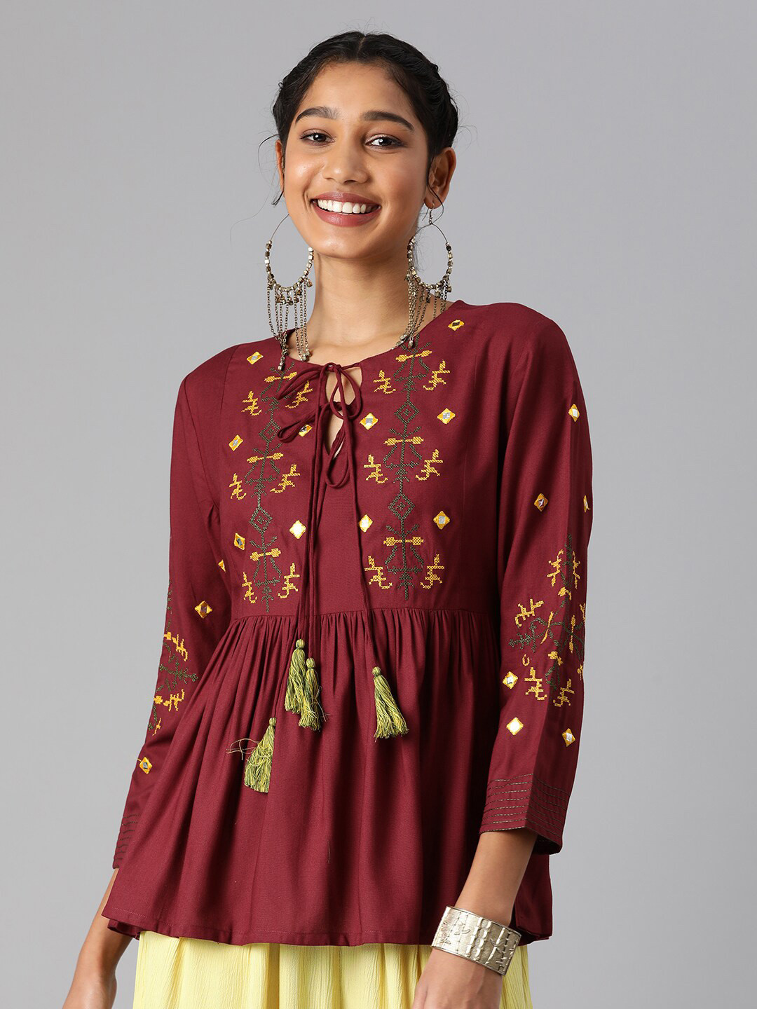 

MALHAAR Floral Embroidery Tie-Up Neck Three-Quarter Sleeves Top, Red