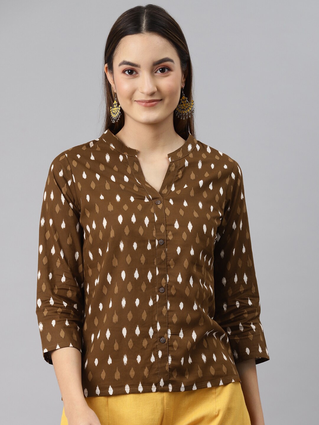 

MALHAAR Geometric Printed Mandarin Collar Pure Cotton Shirt Style Top, Brown