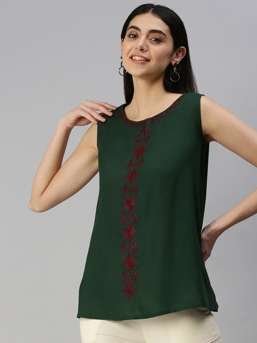 

MALHAAR Embroidered Round Neck Sleeveless A-Line Top, Green