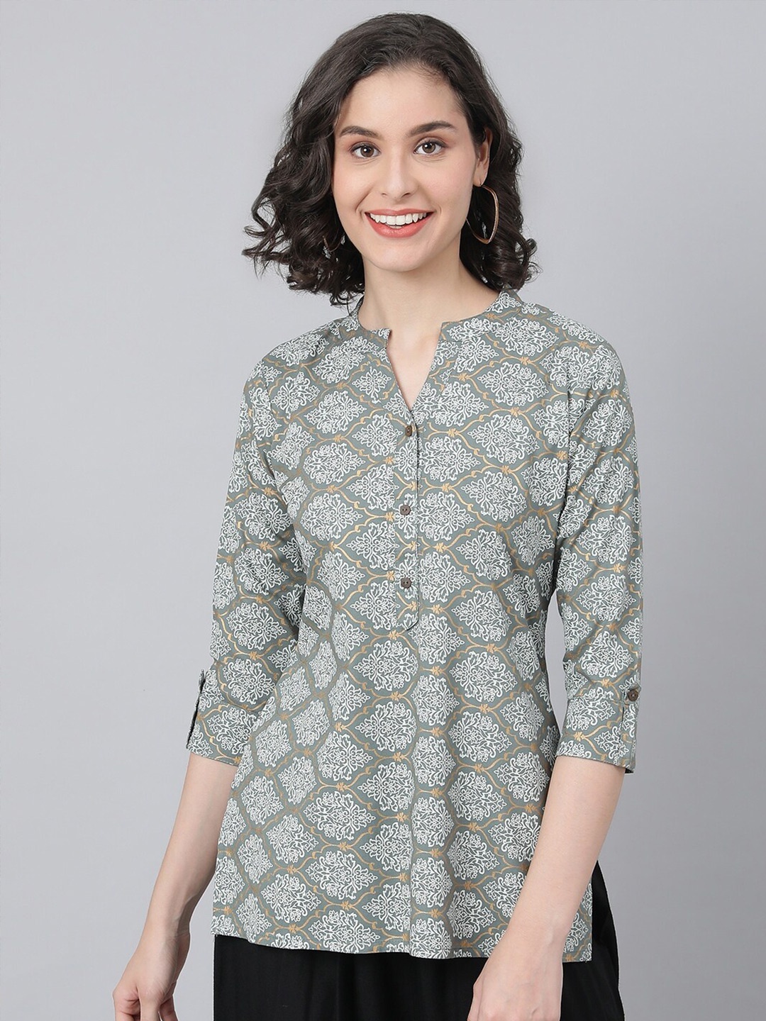 

MALHAAR Ethnic Motifs Printed Mandarin Collar A-Line Kurti, Green