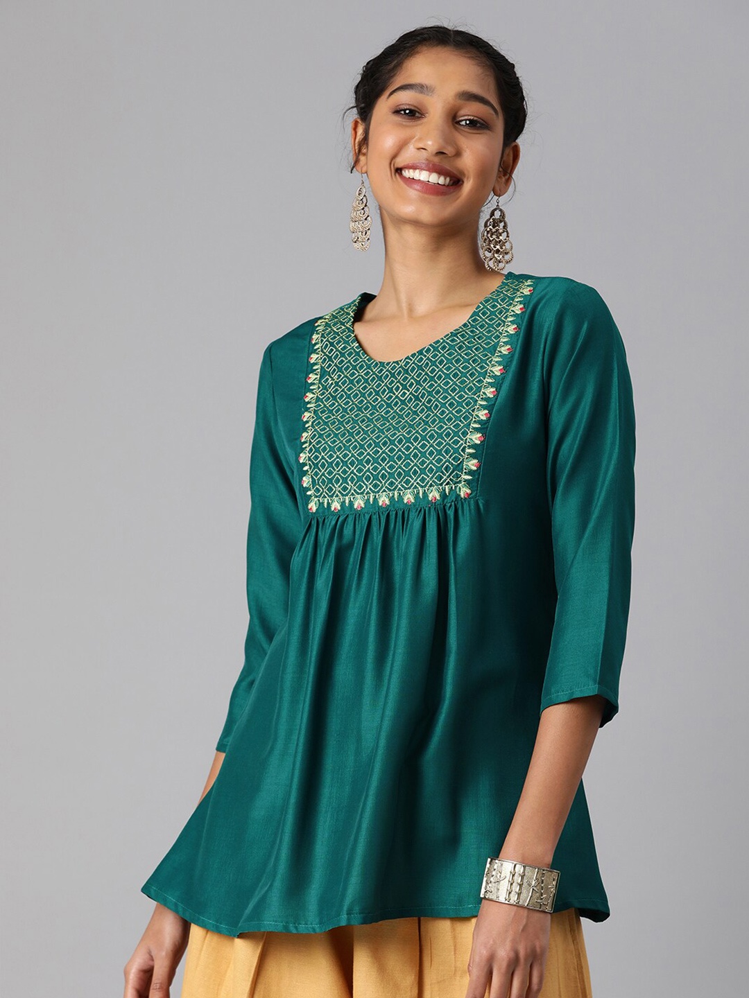 

MALHAAR Ethnic Motifs Embroidered Gathers A-Line Top, Green