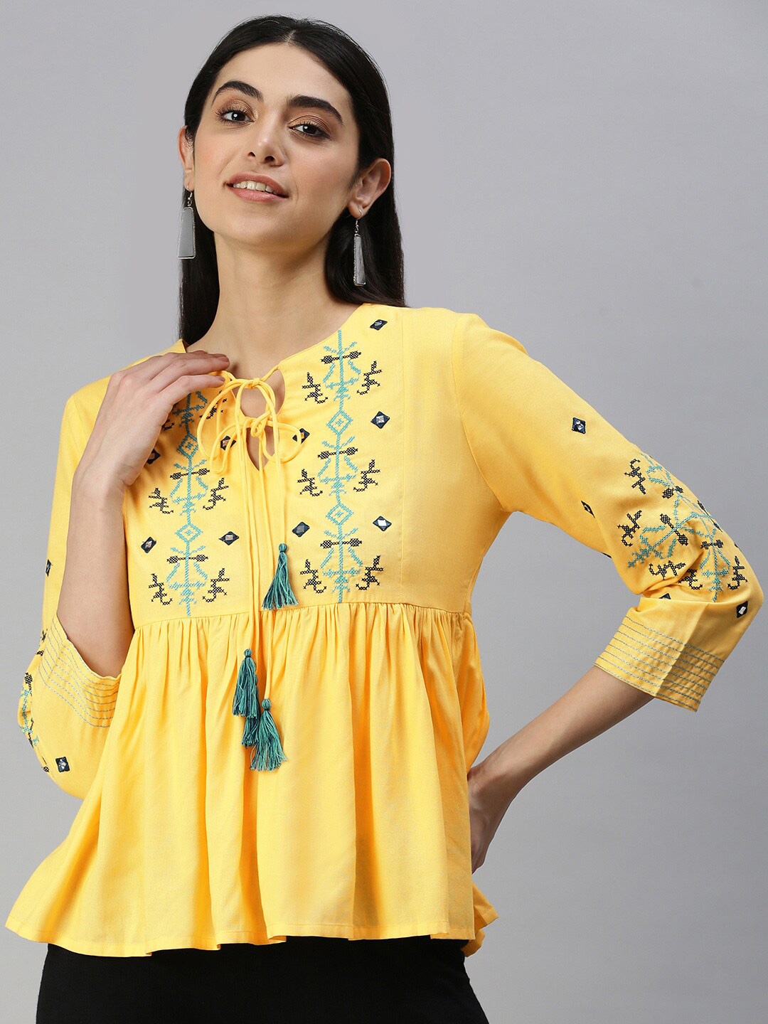 

MALHAAR Embroidered Tie-Up Neck Empire Top, Yellow