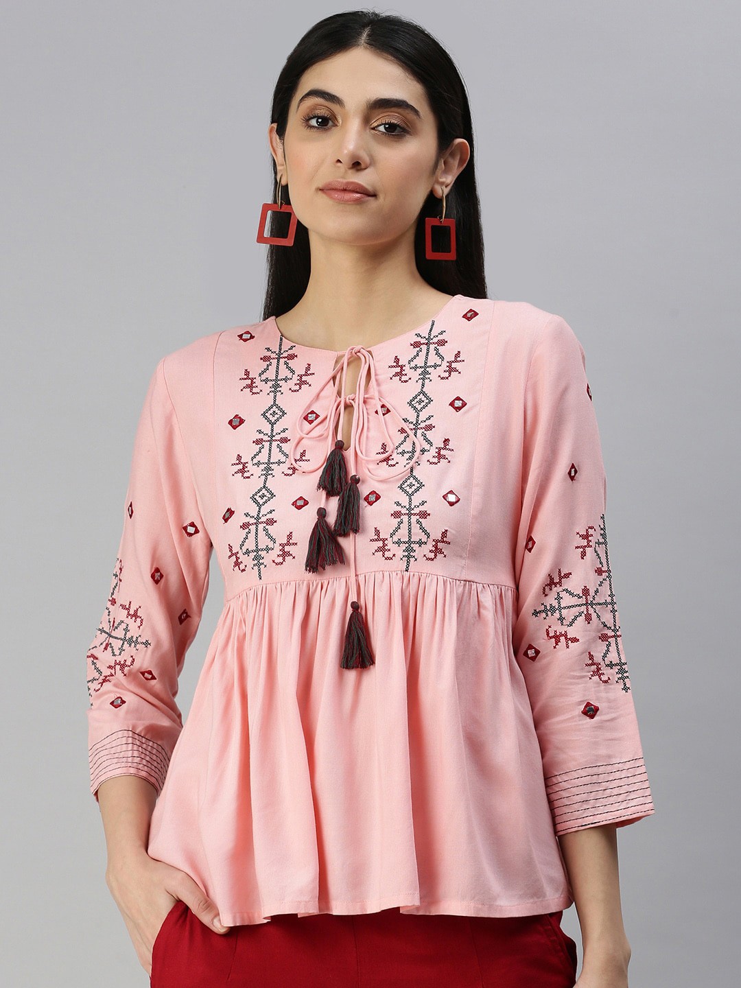 

MALHAAR Embroidered Tie-Up Neck Top, Pink
