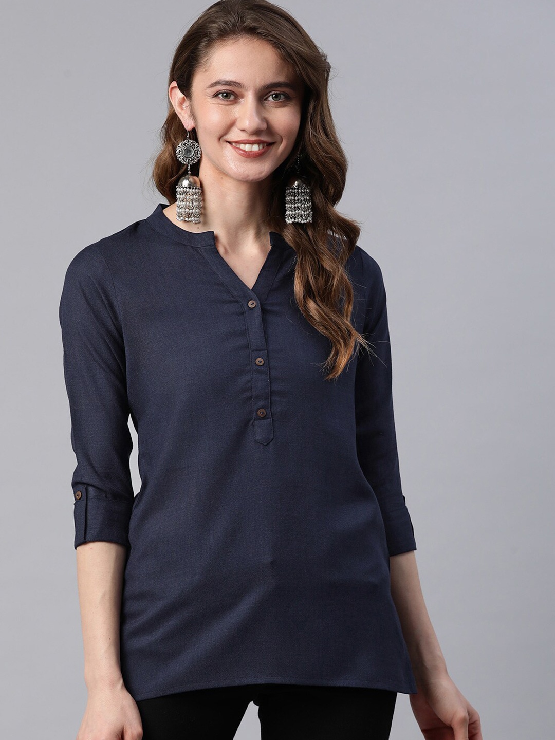 

MALHAAR Cotton Mandarin Collar Roll-Up Sleeves Top, Navy blue