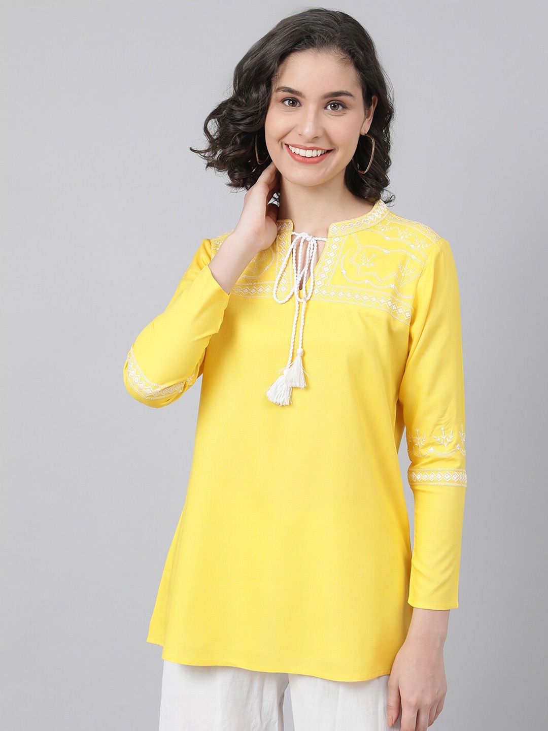 

MALHAAR Embroidered Tie-Up Neck Long Sleeves Top, Yellow