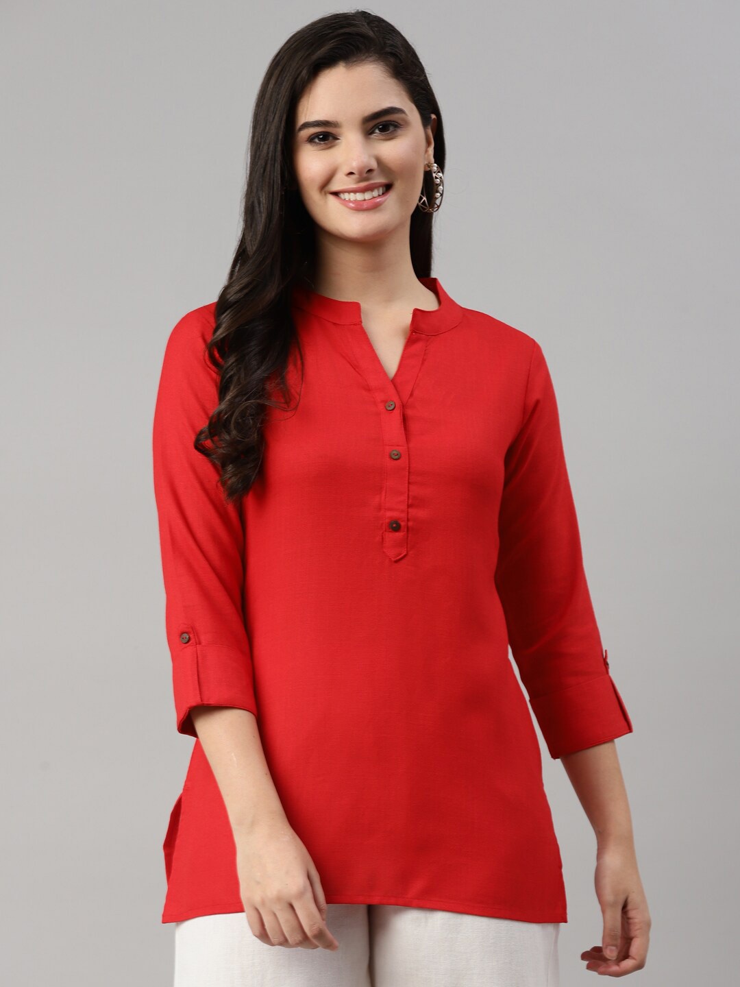 

MALHAAR Cotton Mandarin Collar Roll-Up Sleeves Top, Red