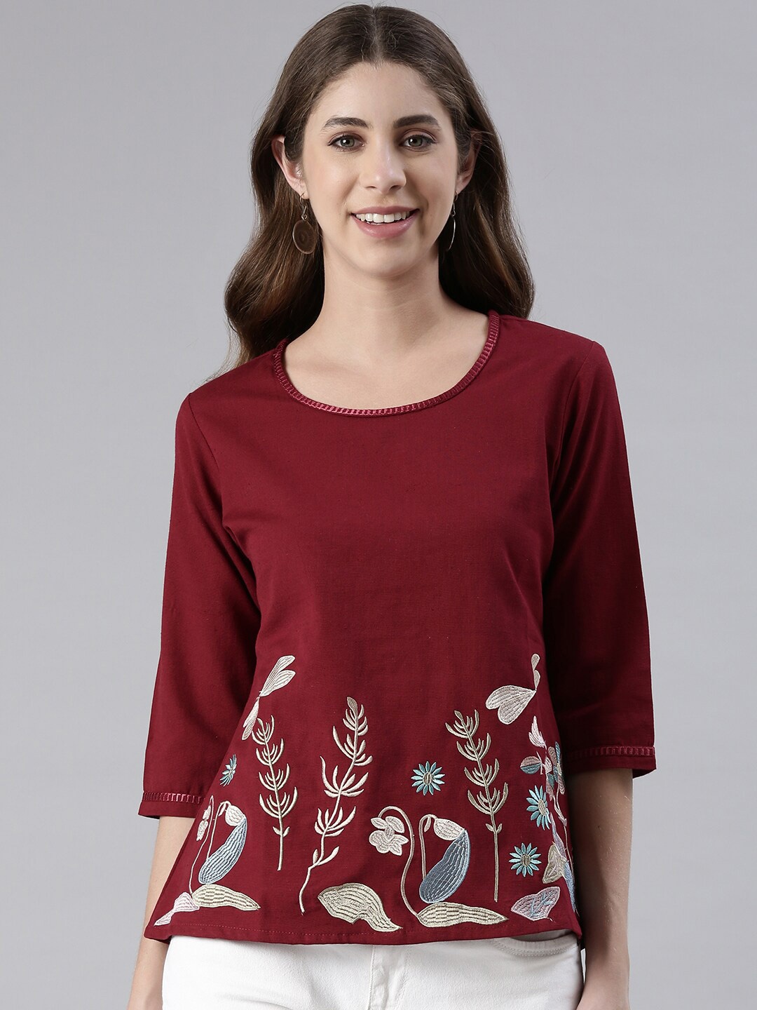 

MALHAAR Floral Embroidered Pure Cotton Top, Maroon