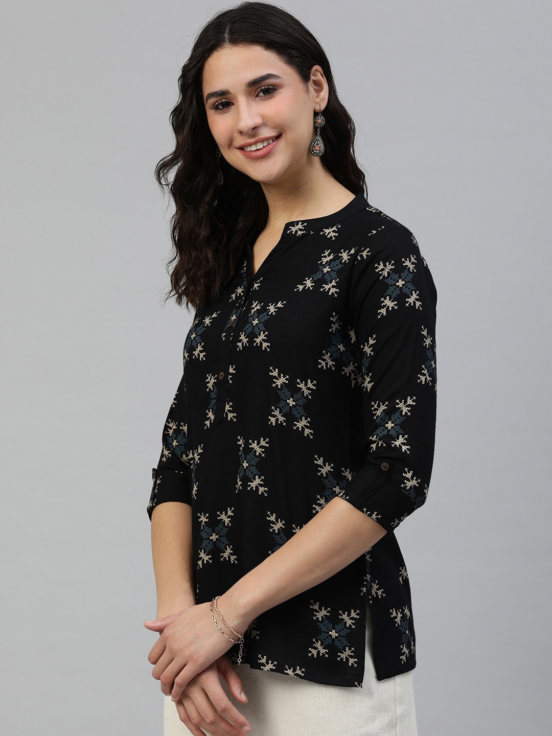 

MALHAAR Ethnic Motifs Printed Mandarin Collar Top, Black