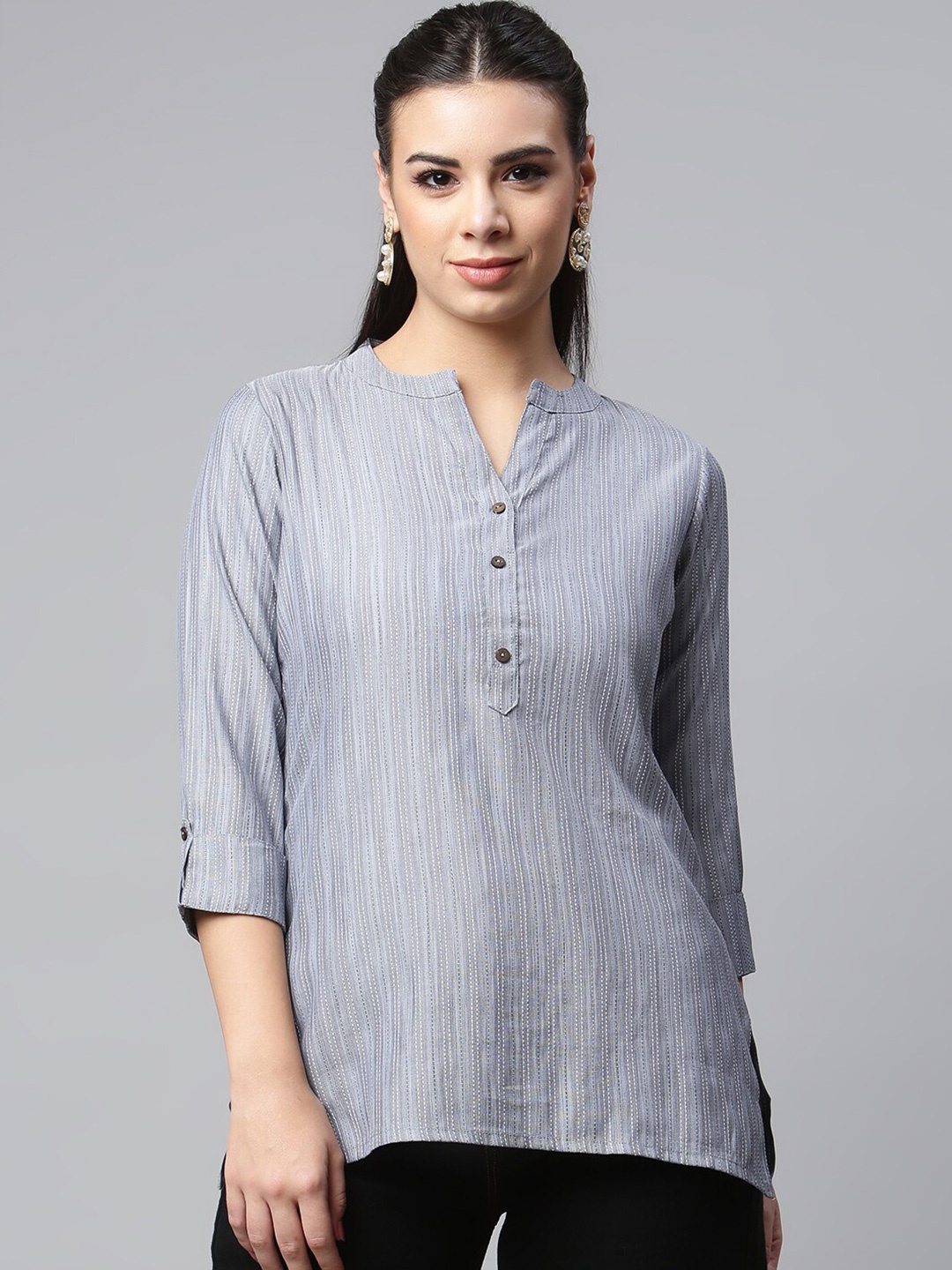 

MALHAAR Striped Mandarin Collar Roll-Up Sleeves Top, Grey