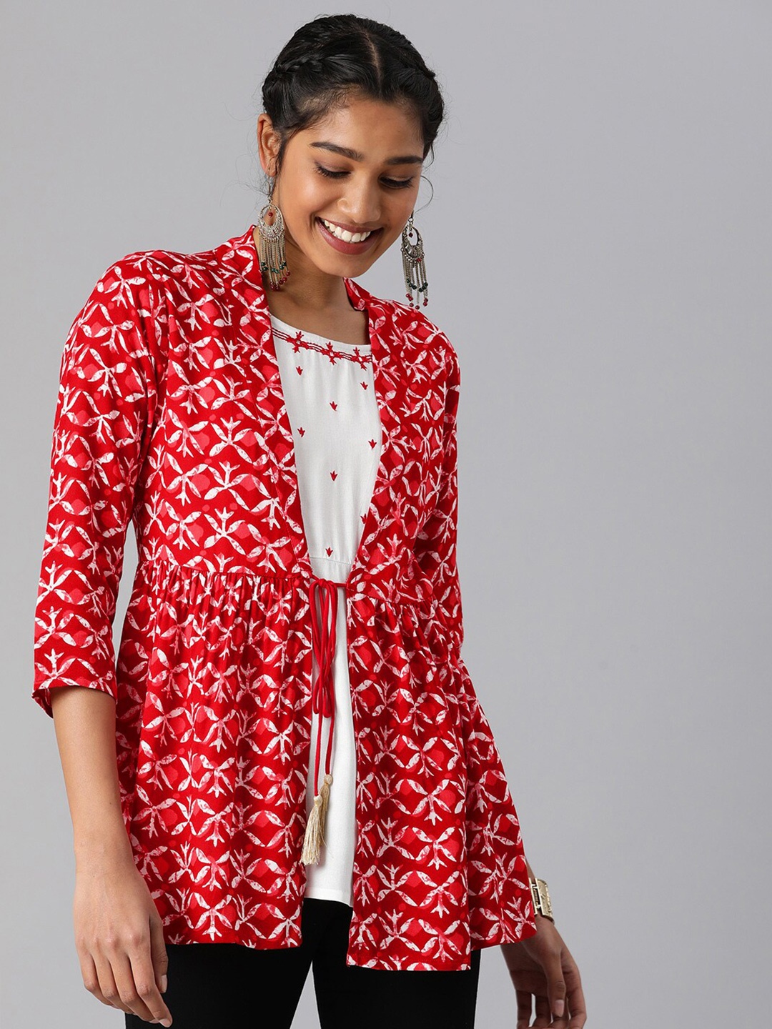 

MALHAAR Floral Printed Waist Tie-Ups A-Line Top With Attached Jacket, Red