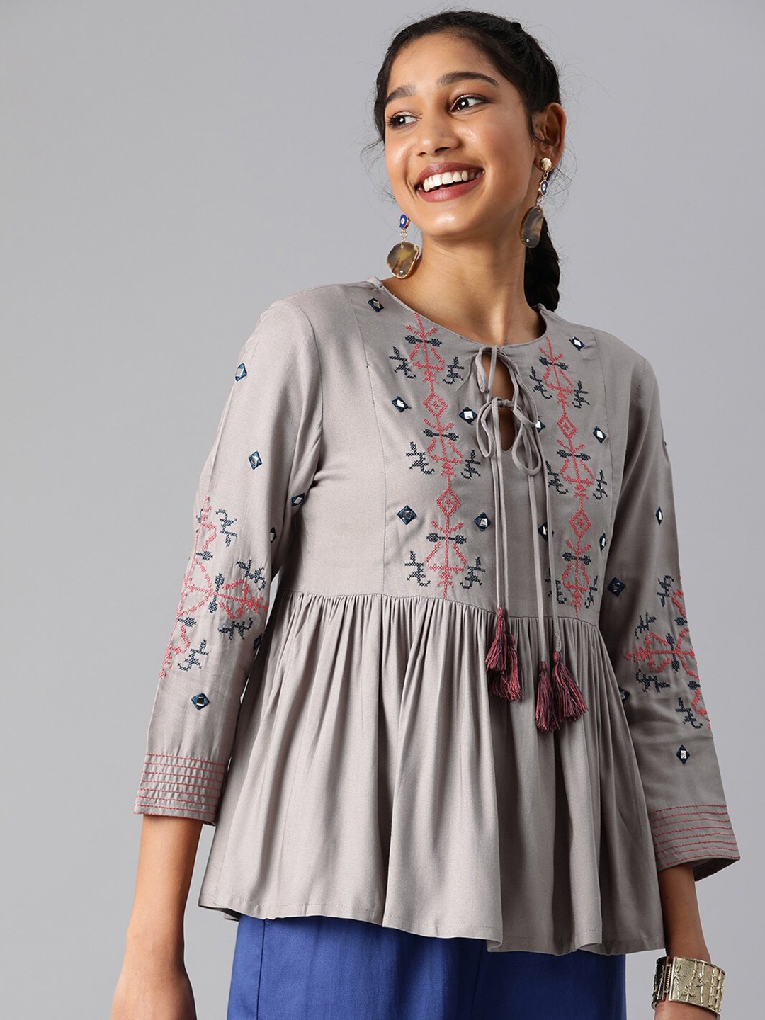 

MALHAAR Embroidered Tie-Up Neck Empire Top, Grey