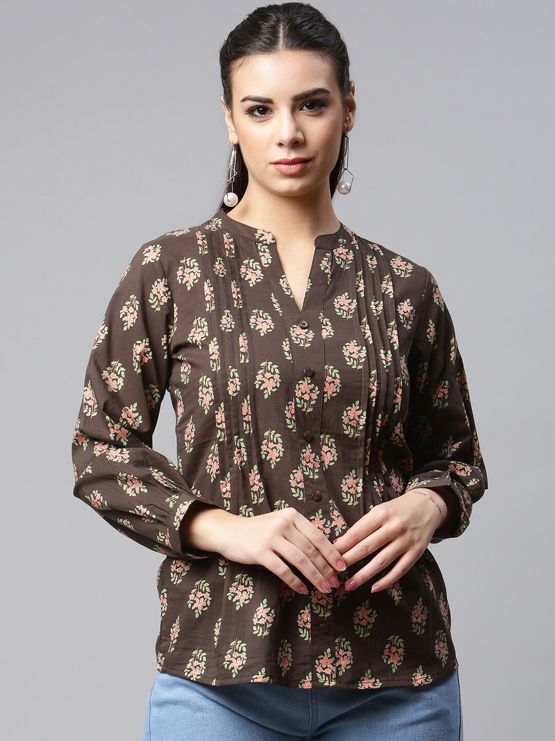 

MALHAAR Brown Embellished Print Pure Cotton Mandarin Collar Top