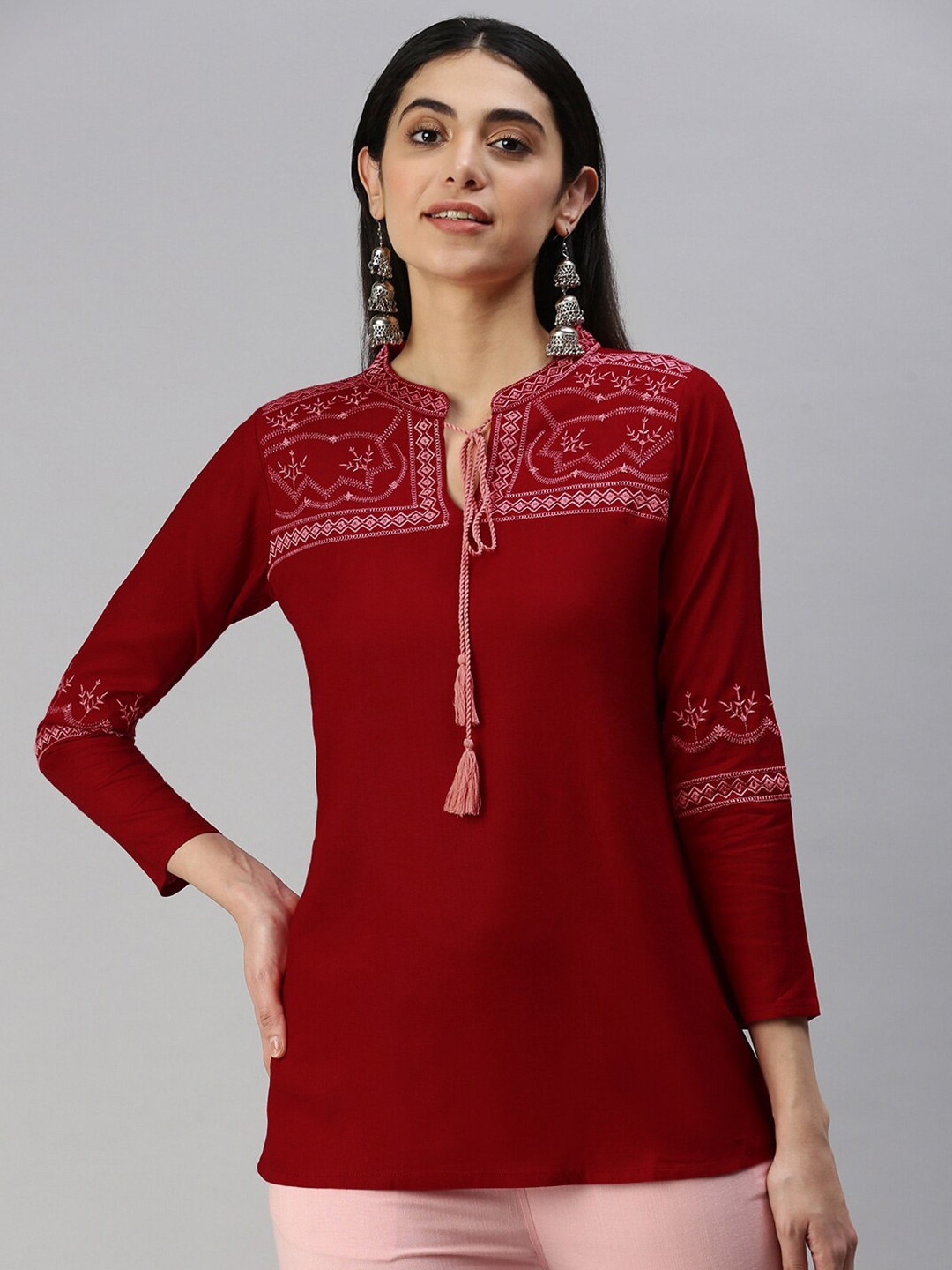 

MALHAAR Embellished Embroidered Mandarin Collar Tunic, Red