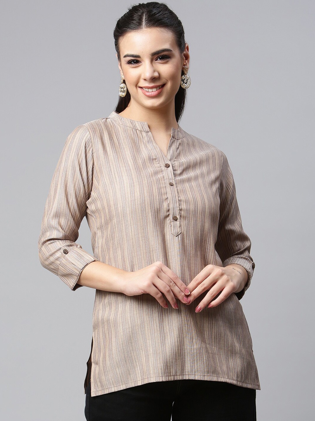

MALHAAR Striped Mandarin Collar Shirt Style Top, Brown