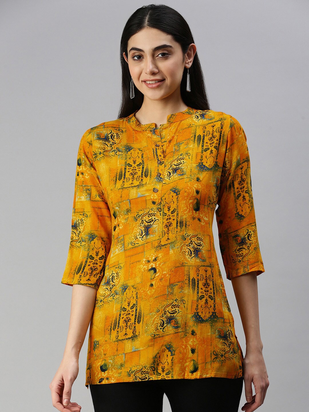 

MALHAAR Ethnic Motifs Printed Mandarin Collar Top, Yellow