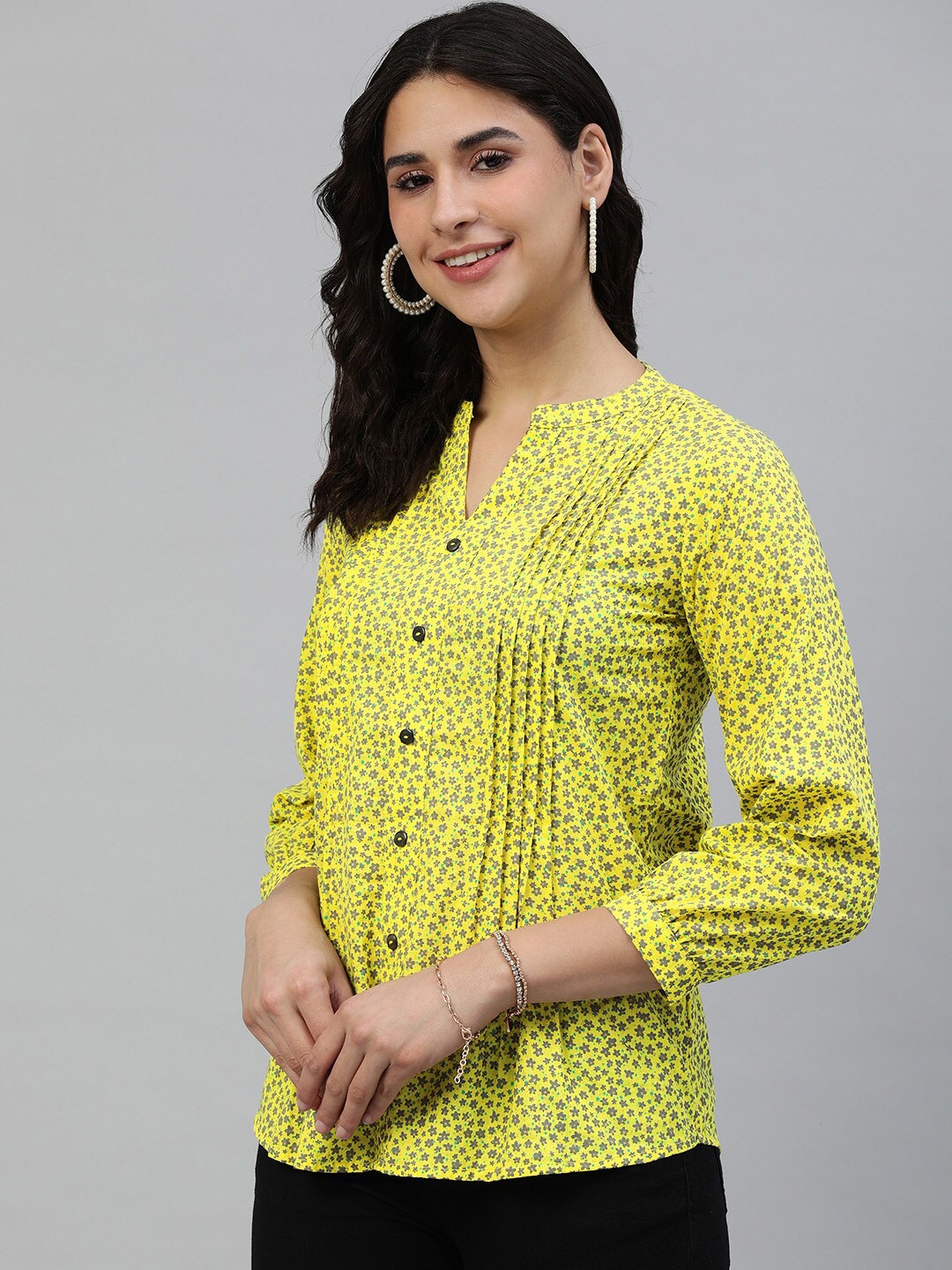 

MALHAAR Floral Print Pure Cotton Mandarin Collar Shirt Style Top, Yellow